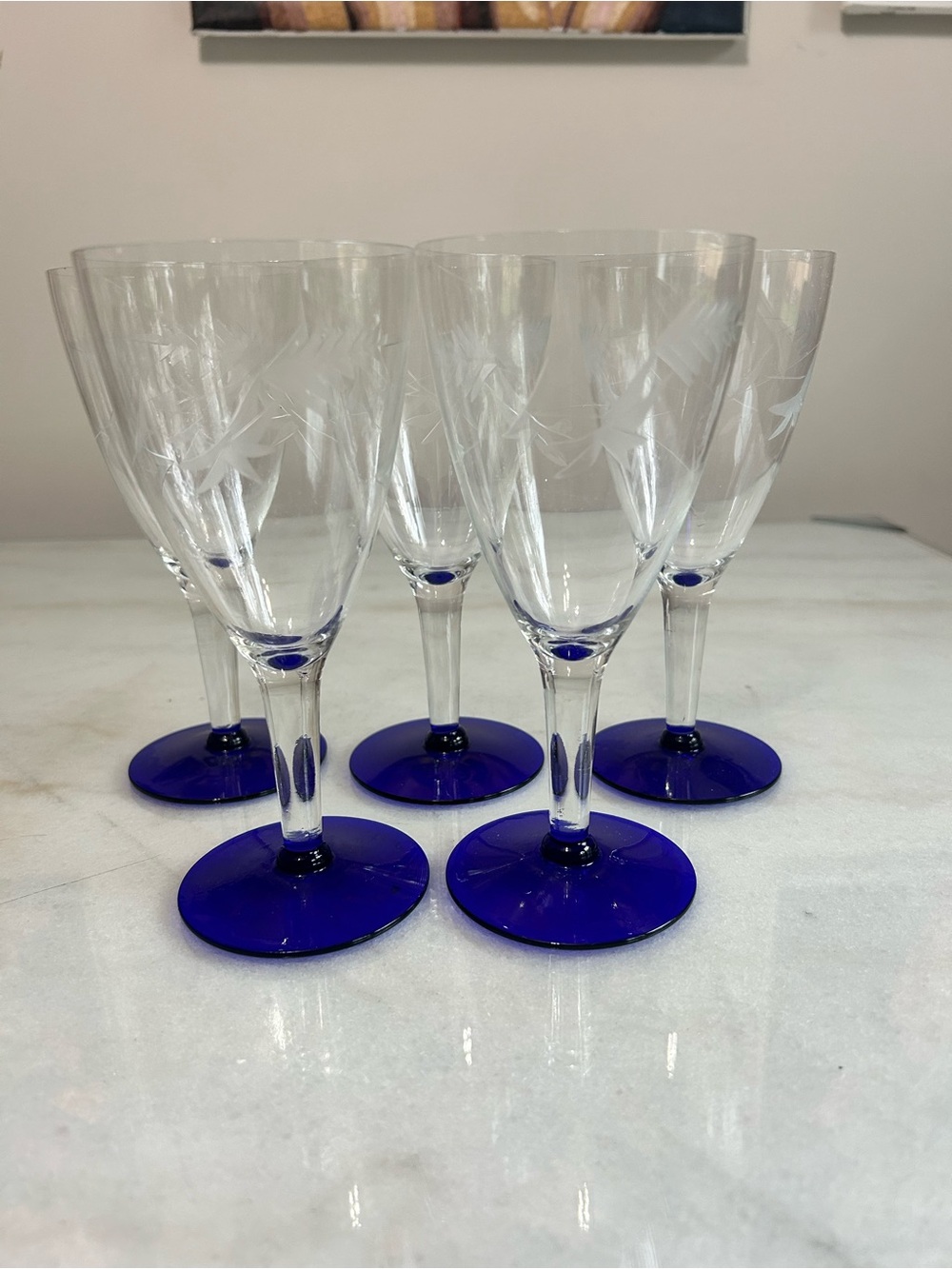 Vintage Etched Cobalt Blue Stemware Glasses Set of 5